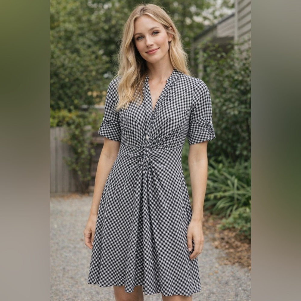 Lafayette 148 New York Black and White Gingham Checkered Midi Dress Size 8